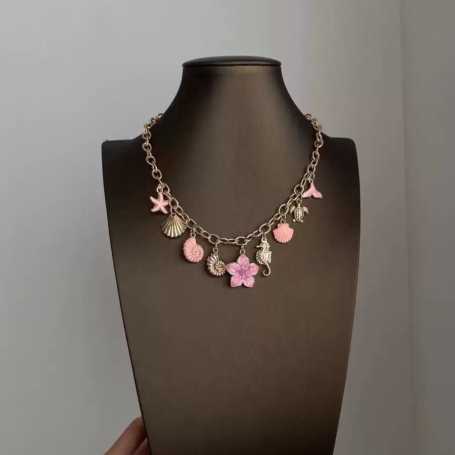 Vintage Seashell Marine Pendant Chain Necklace (Flower, Starfish, and Seashell N