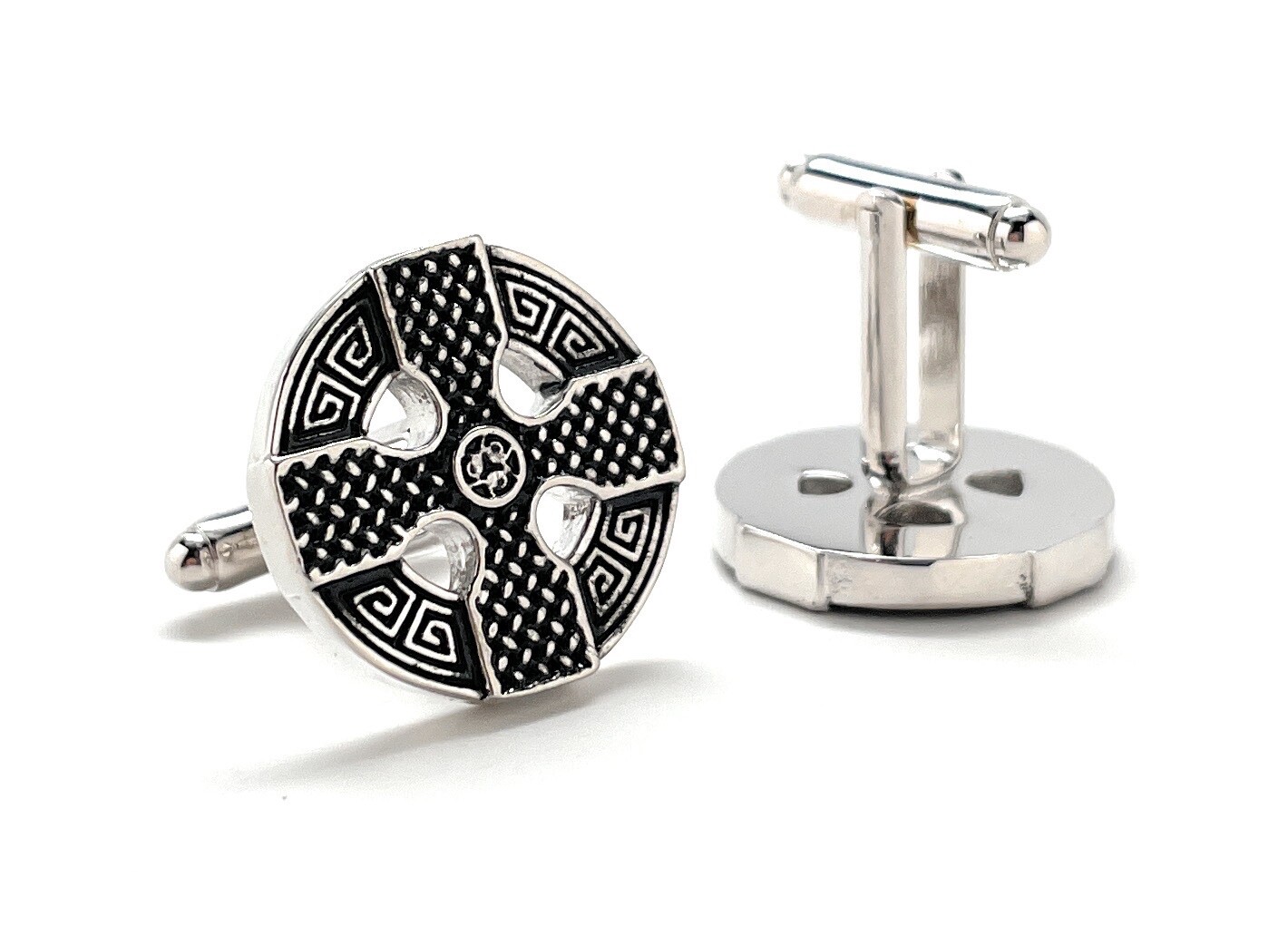 Celtic Cross Cufflinks Silver and Black Enamel Irish Cross Nimbus Cuff Links Wed