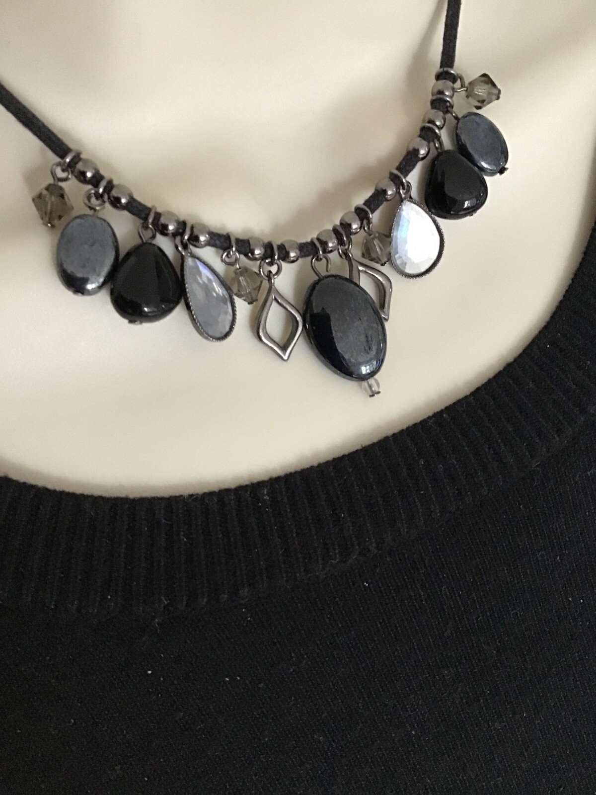 NEXT Necklace Diamanté & Beads on black Cord Lovely 36cm F1