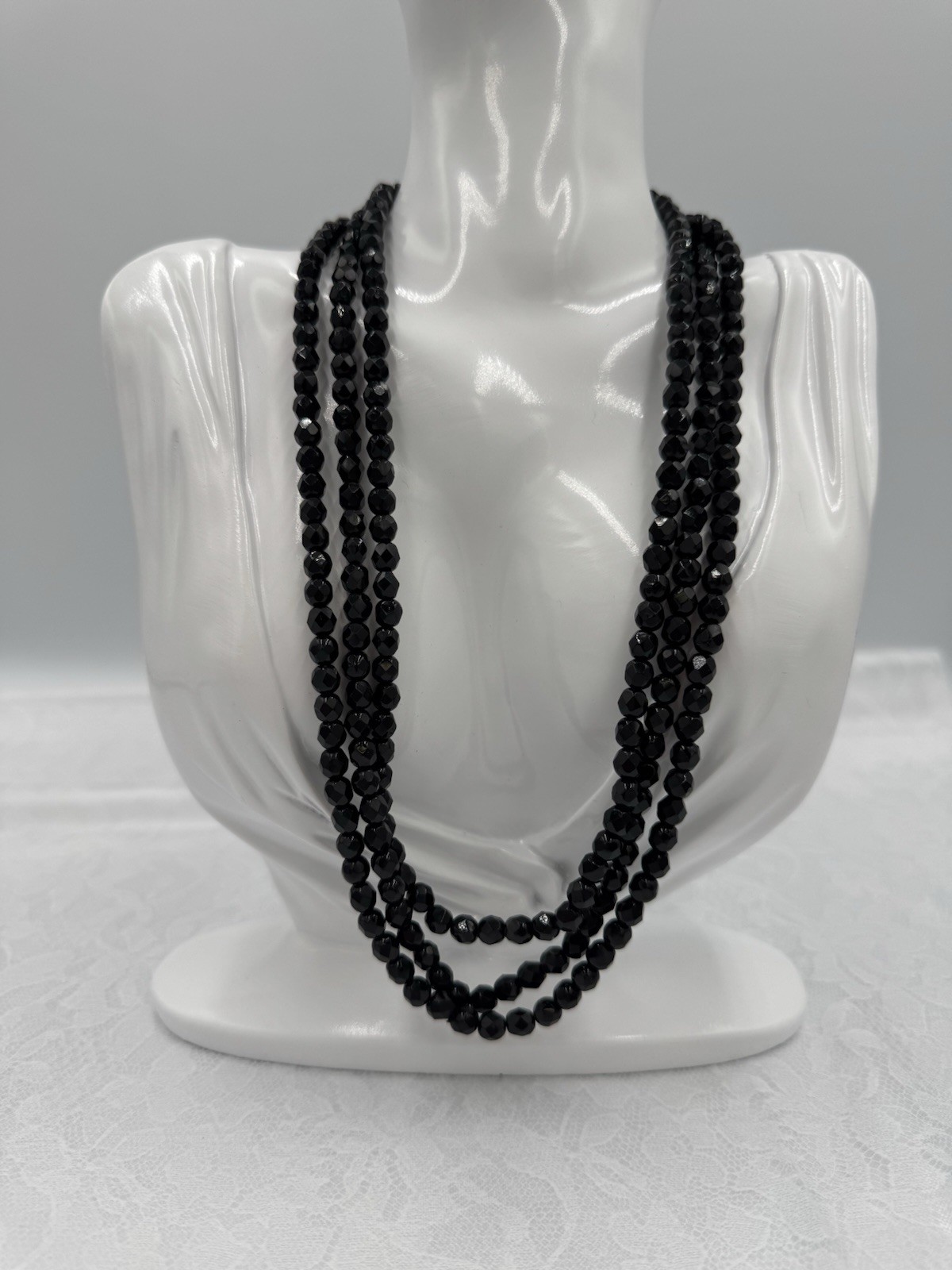 Vintage Western Germany Black Glass Triple Strand Necklace Long 19”