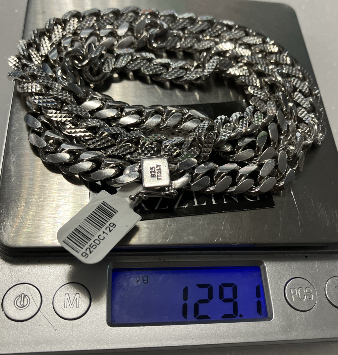 925 Sterling Silver Italy Solid Cuban Chain Dia-Cuts 129grams 9.7mm 26″ Box-Lock