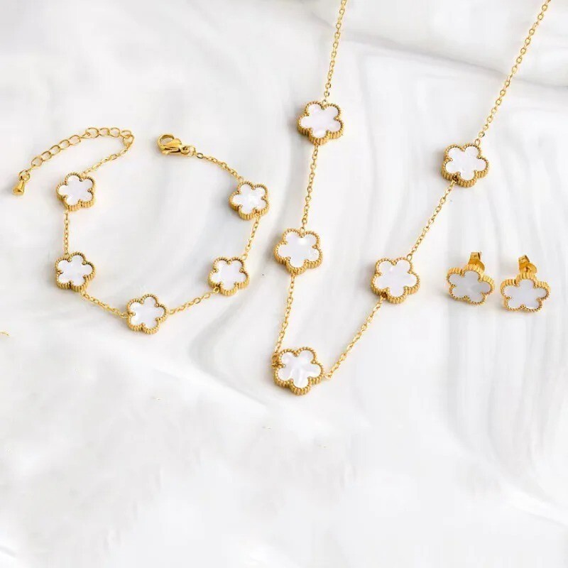 4PC Clover Necklace, Bracelet, Earring set white leaf Plant Five Leaf Flower Set