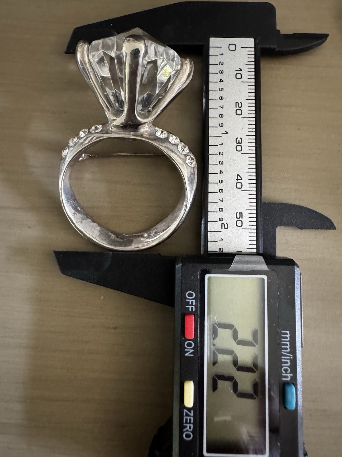 Silver Tone Huge Clear White Rhinestone Solitaire Ring Brooch Pin