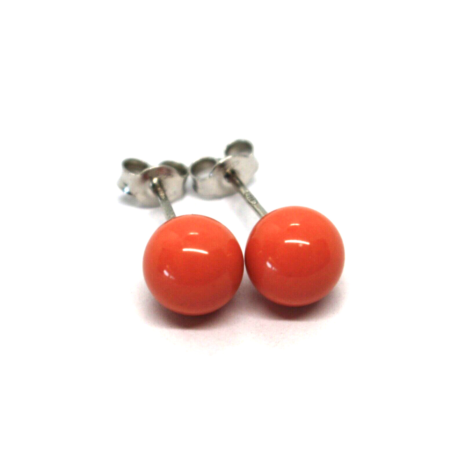 18K WHITE GOLD BALLS SPHERES RED RECONSTRUCTED CORAL BUTTON EARRINGS 8mm, 0.31″
