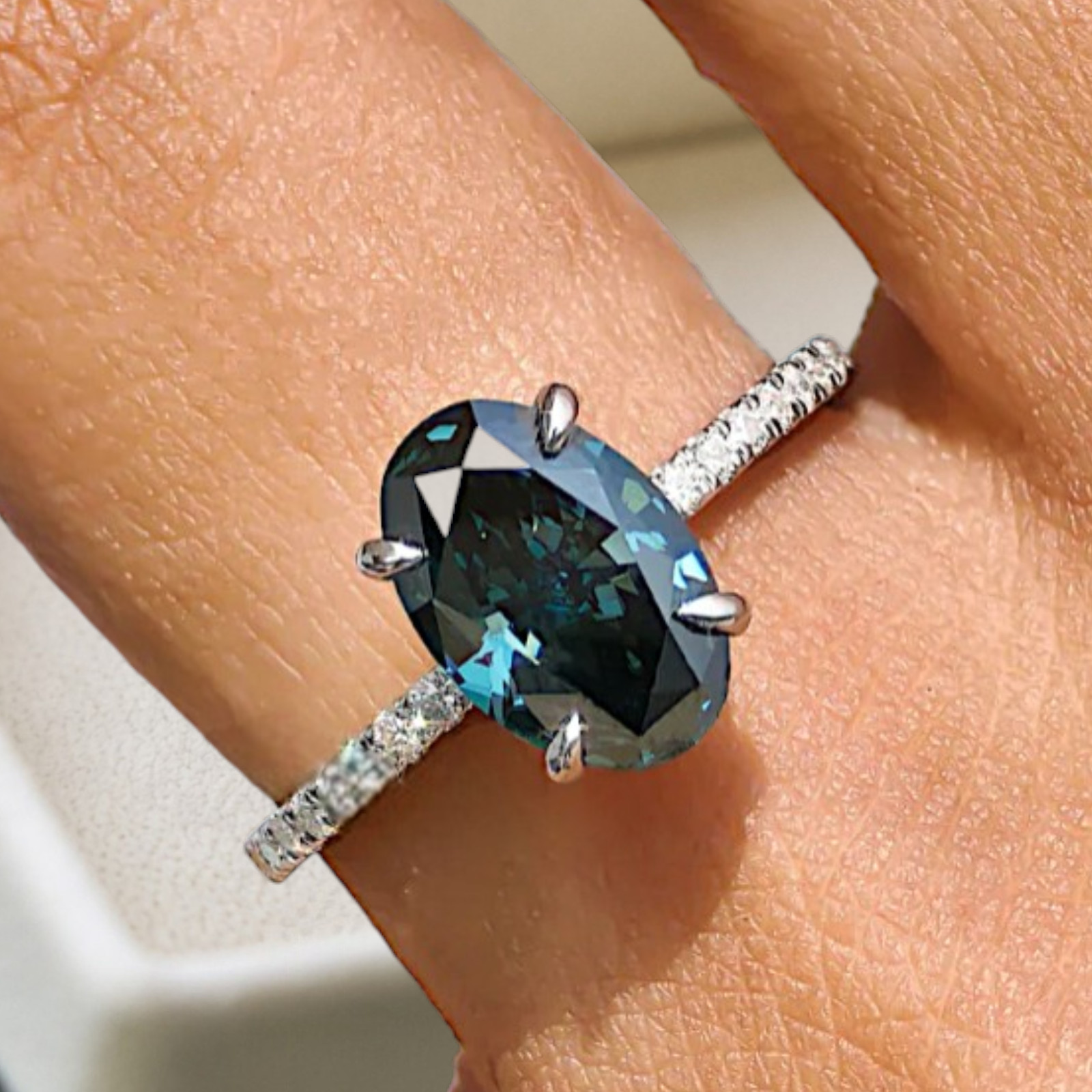 Oval Cut 2.80 Ct Fancy Vivid Blue Diamond Gift Ring IGI Lab Grown 18k White Gold