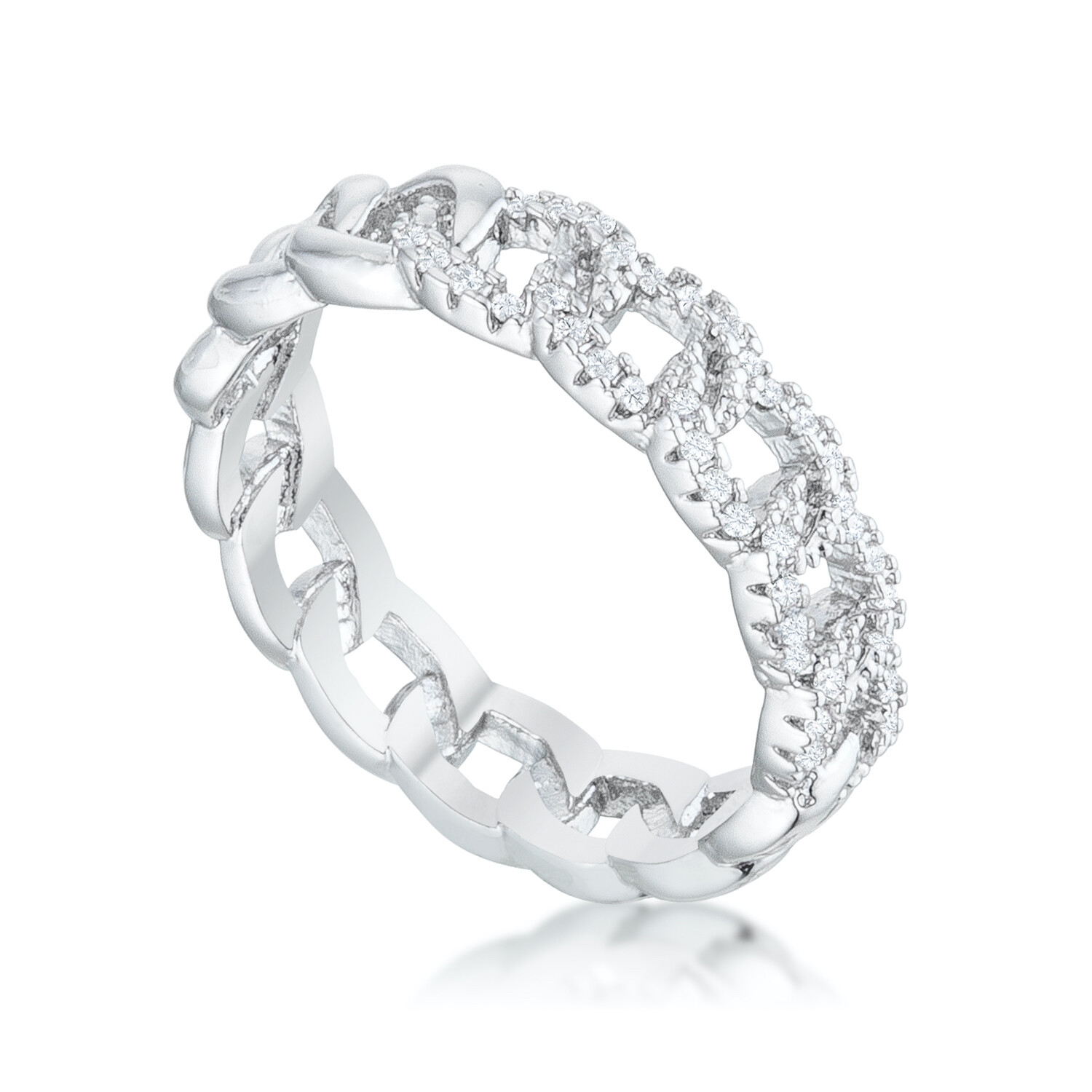 Interlocking Rhodium Chain Design Band Eternity Stack Ring with CZ
