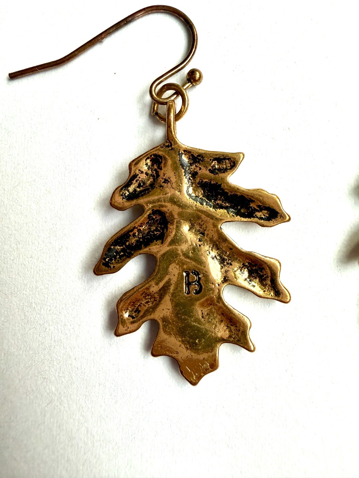Vintage Cast Brass Oak Leaf Dangle Earrings, Signed “B” Gold Tone 1.5” Drop