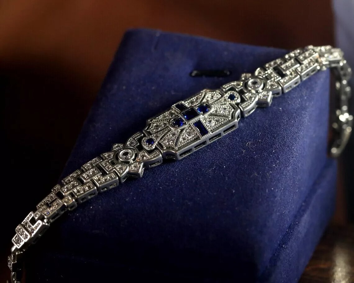 Art Deco Round Cut Moissanite & Sapphire Engagement 925 Sterling SIlver Bracelet