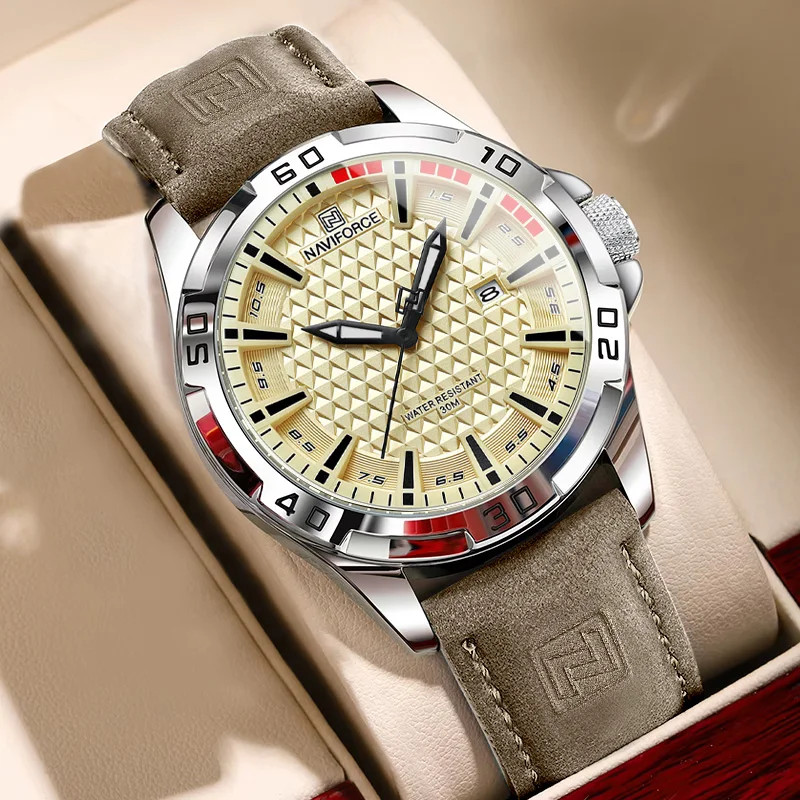 NAVIFORCE NF8023 Men Quartz Watch Leather Band Date Business Casual Wristwatch