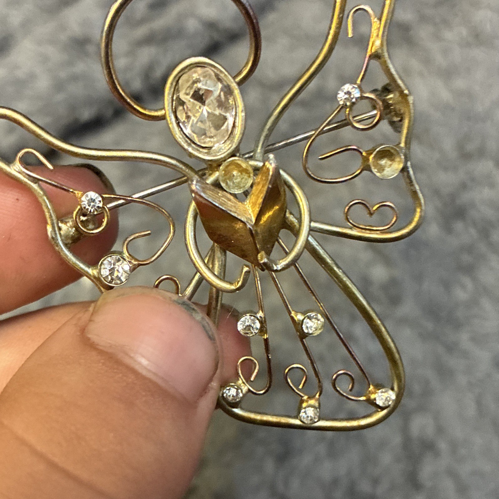 Gold Tone Angel Brooch Pin with Clear Oval Rhinestones Metal Jewelry