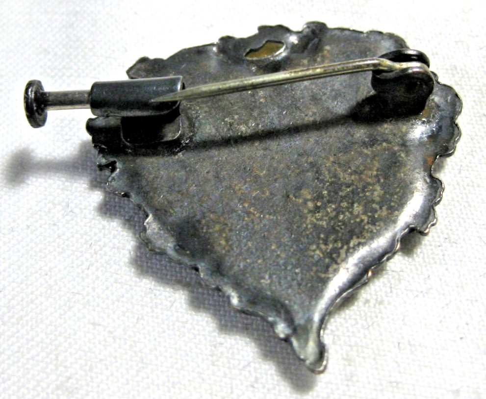 Brooch Pin Silver with Red & Clear Enamel Encased Plant Material 1 1/8″