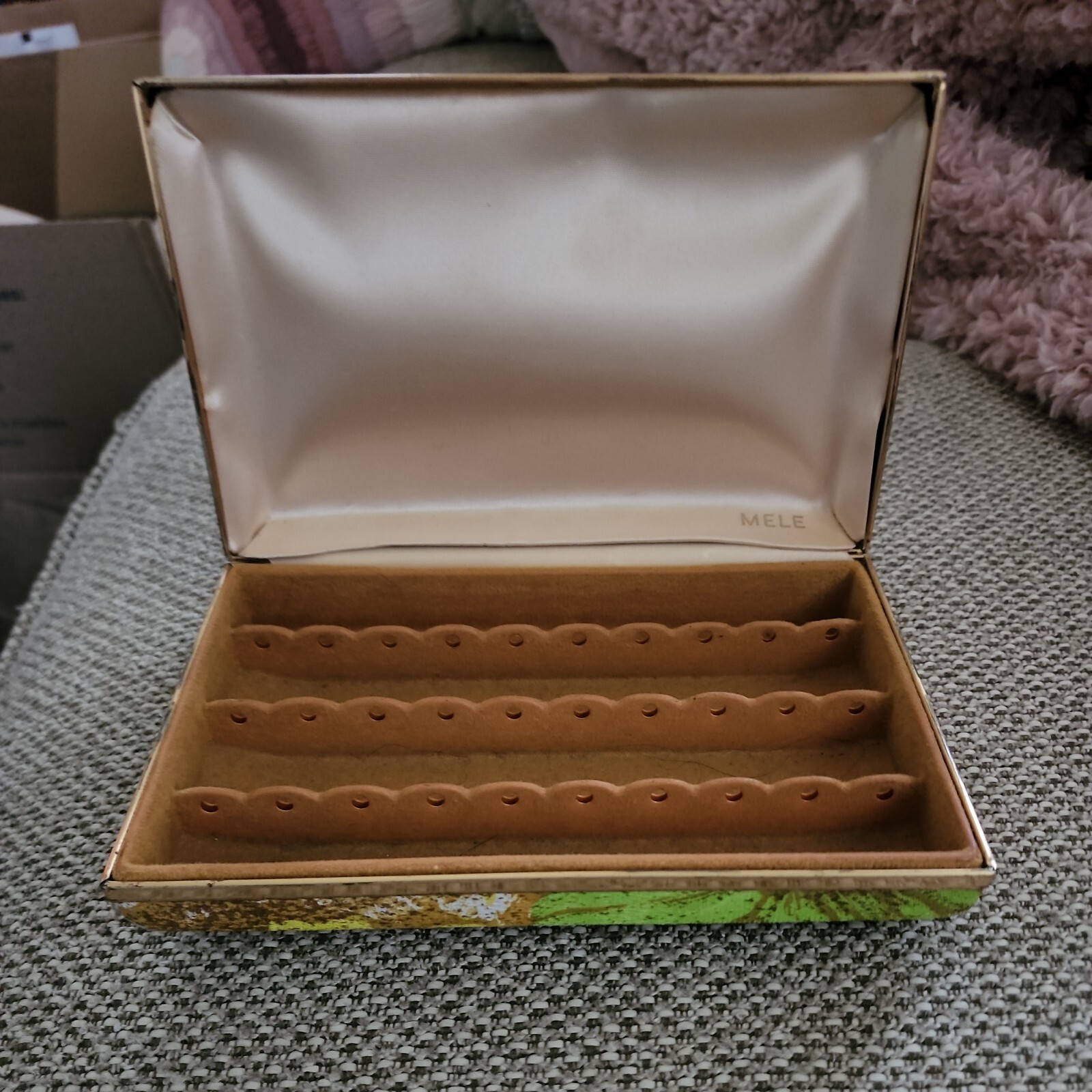 Vintage Mele Jewelry Box Floral Retro Yellow- Mustard Velvet Interior