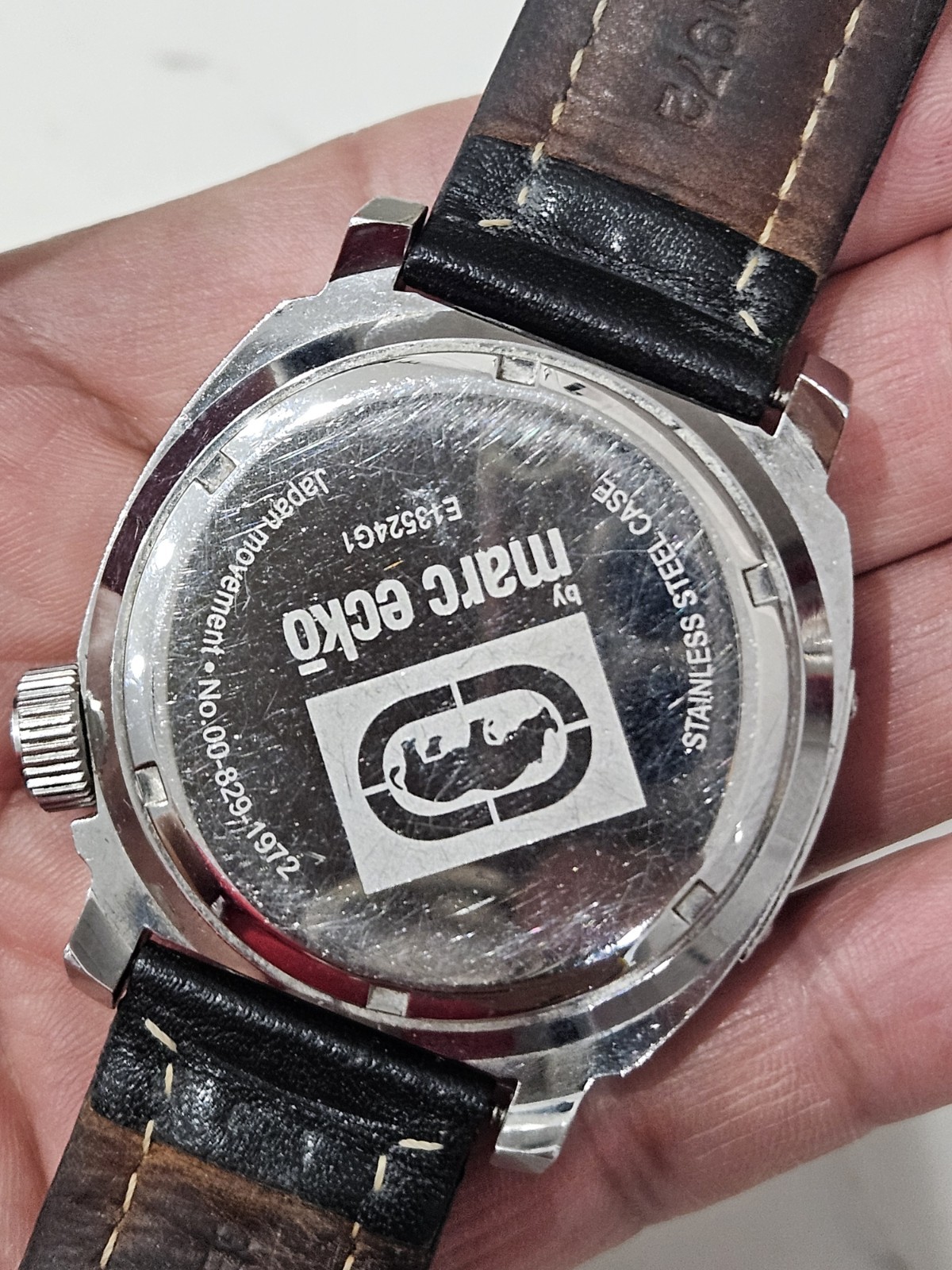 Marc Ecko Watch Black Genuin Leather And Crystals Skull new battery. Runs Good