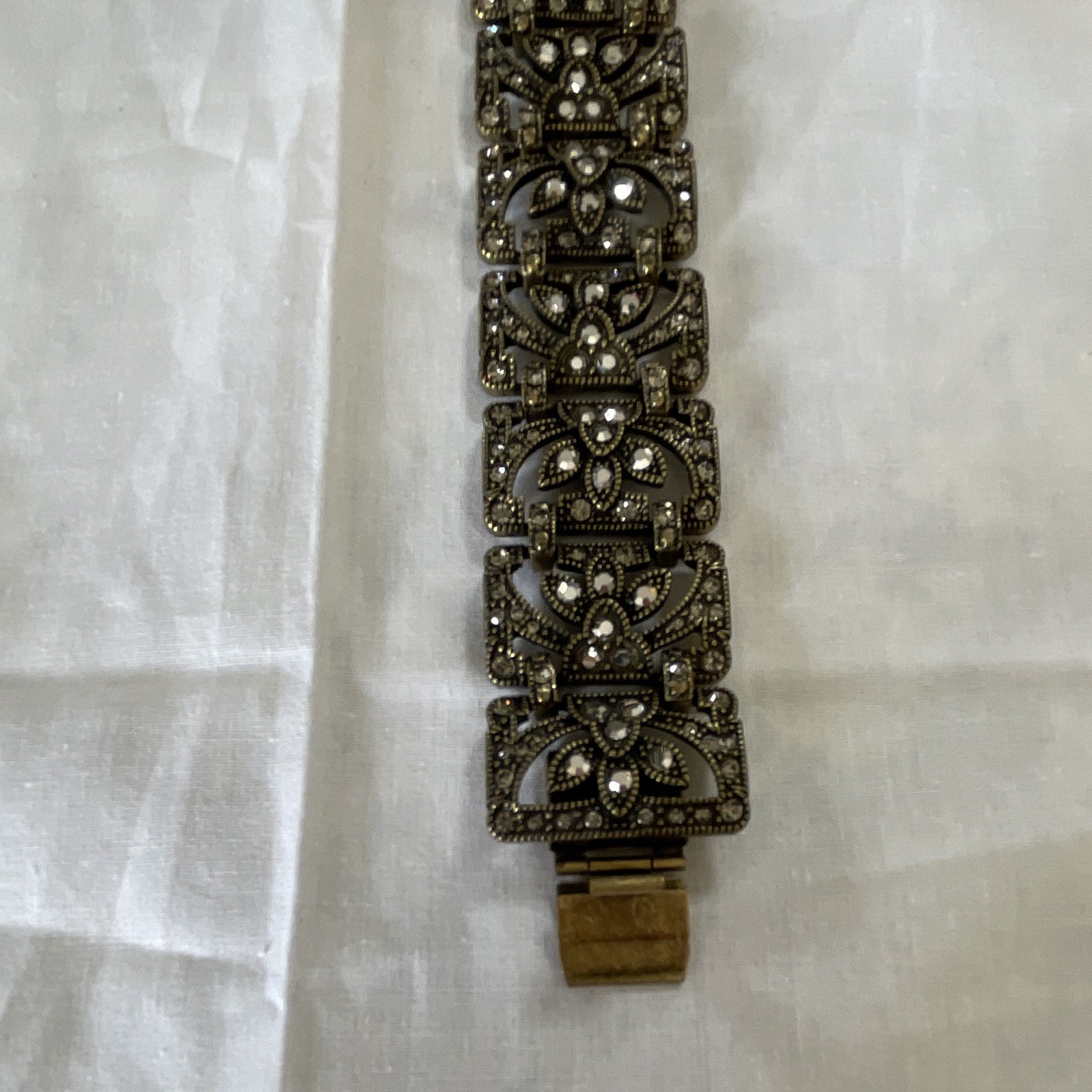 Gold Tone Clear Crystal Link Bracelet, Brass Base Metal, Box Clasp, 7 in