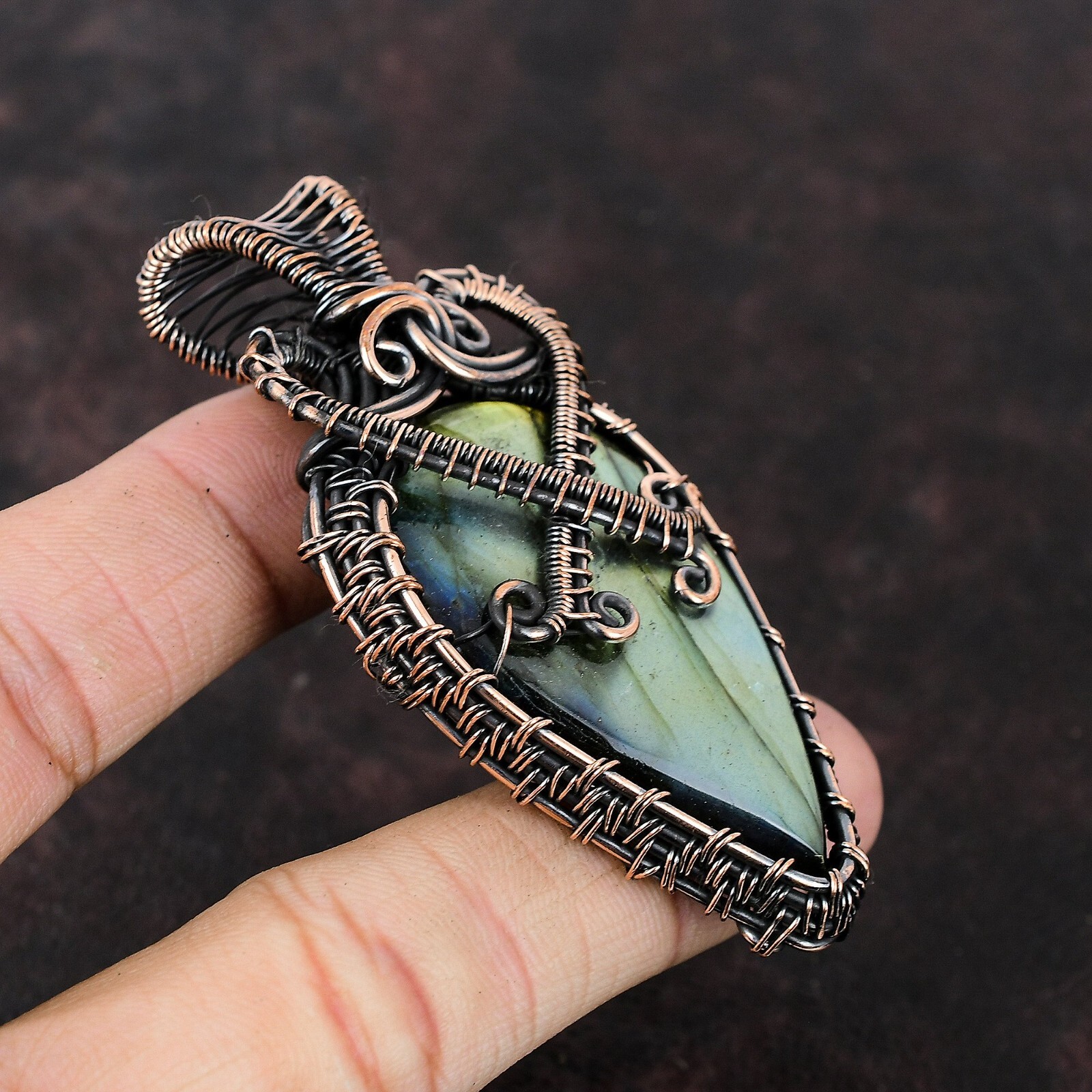 Labradorite Wire Wrapped Pendant Handcrafted Copper Ethnic Gift Jewelry 2.95″