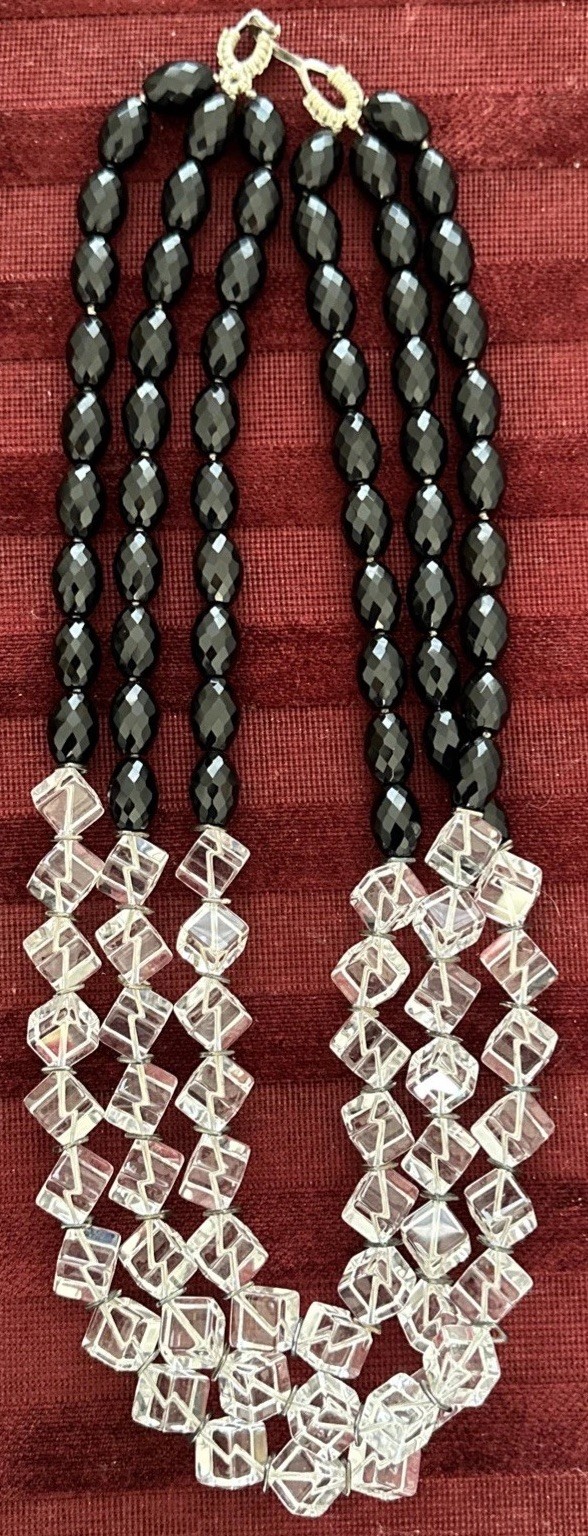 Simon Alcantara Faceted Black Bead Cube Quartz Clear Strand Statement Necklace