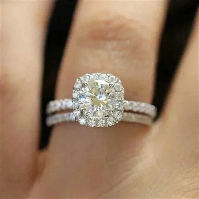 14k White Gold Plated 2.00Ct Round LabCreated Diamond Bridal Set Engagement Ring
