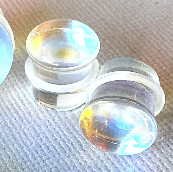 PAIR Luminous Moonstone Glass Single Flare Stone Plugs Gauges Earlets Tunnels