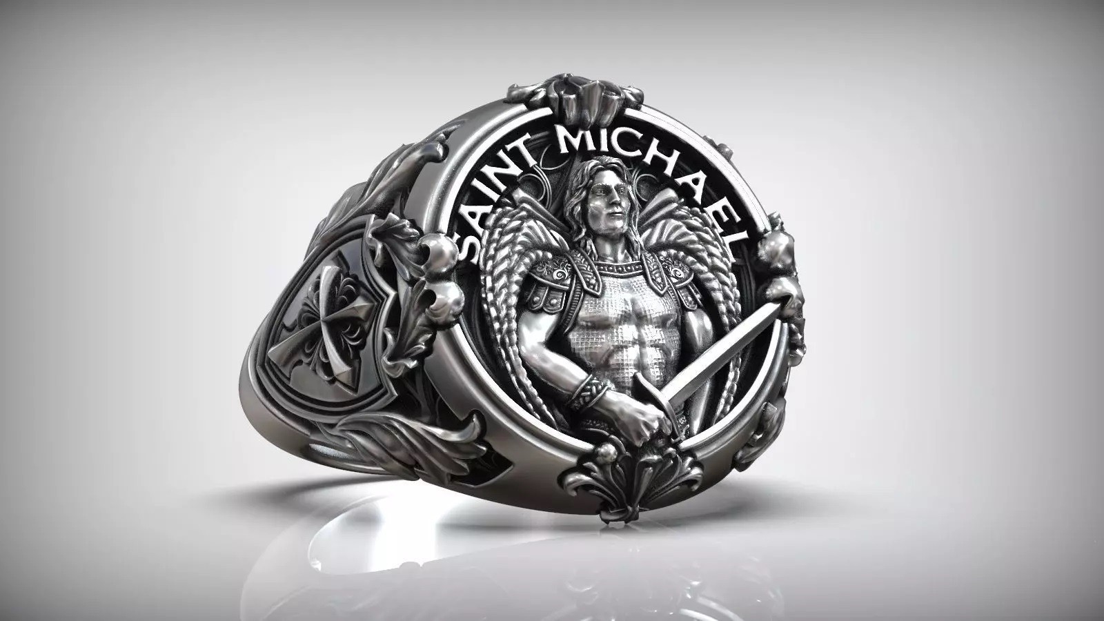 Saint Michael Archangel Shield Sword Symbol Christian 925 Silver Statement Rings
