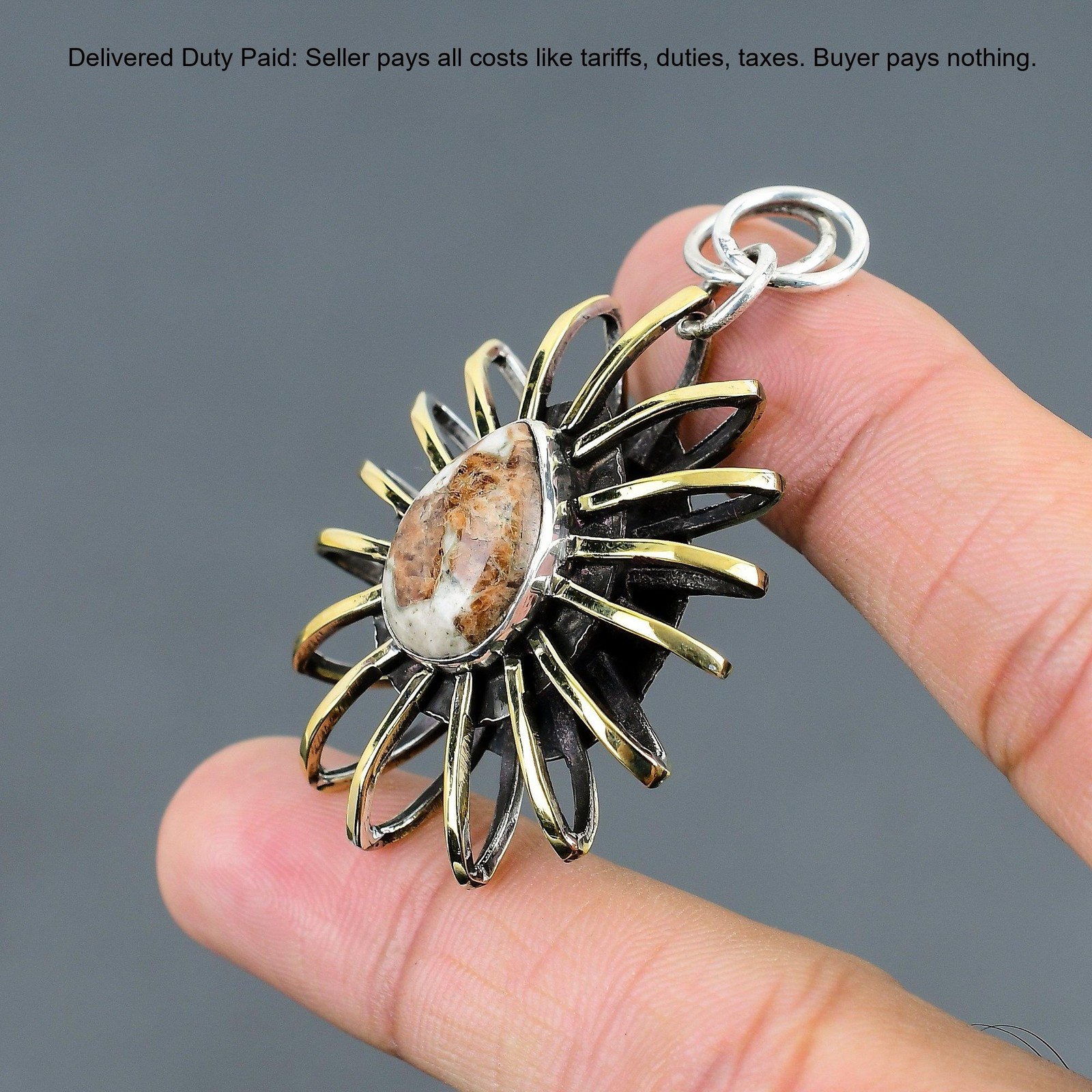 Spessartine Garnet in Limestone Gemstone 925 Silver Cage 18K Gold Plated Pendant
