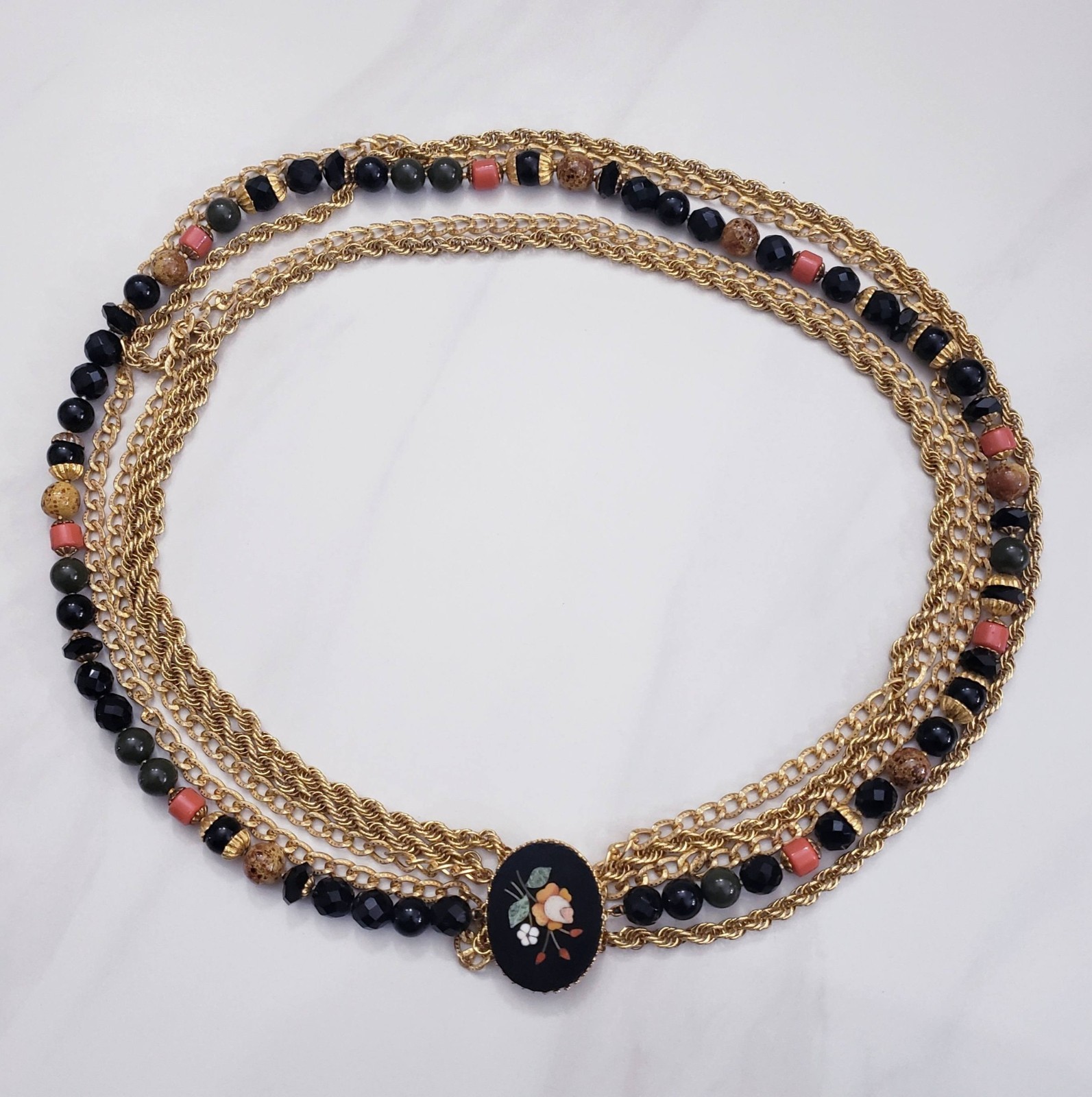 Vintage Pietra Dura Flower Mosaic Pendant Glass Bead Gold Tone Chain Necklace