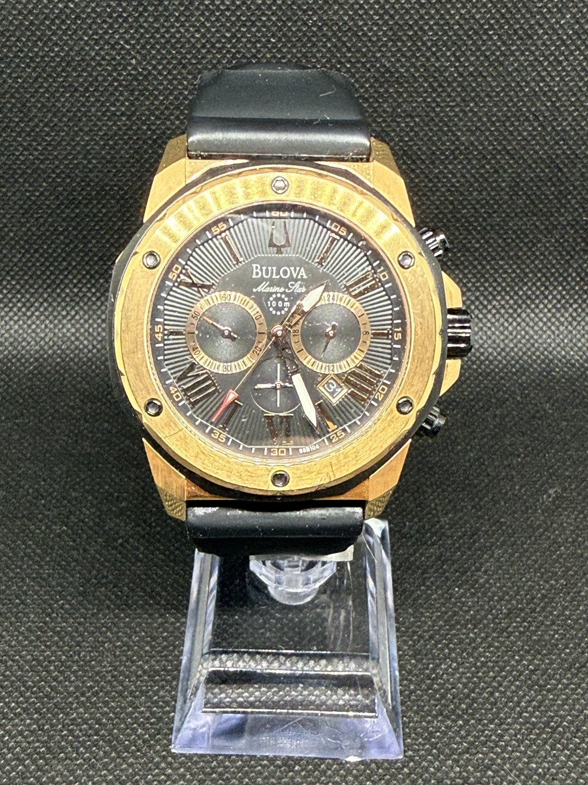 Bulova Marine Star 98B104 Mens Watch Gold Case Blk Rubber Strap 44mm Running