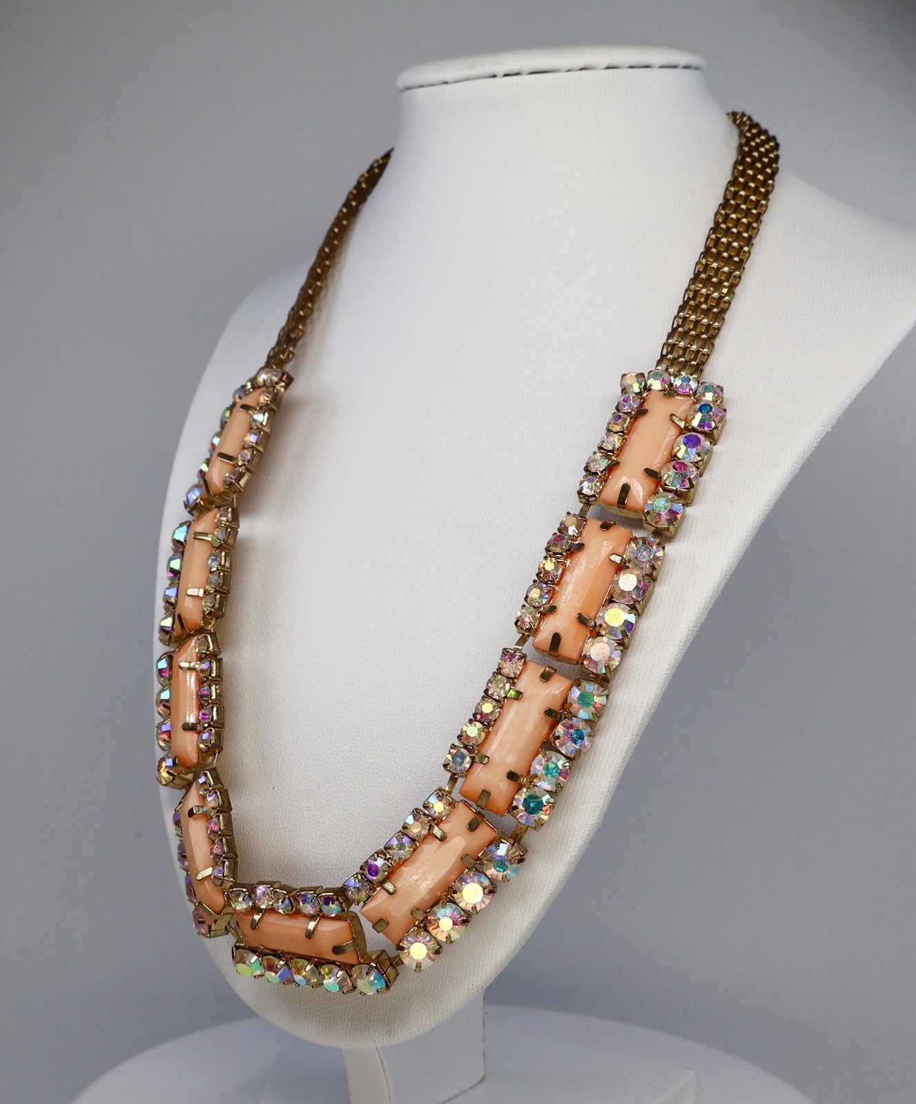 Vintage Statement Necklace AB Rhinestones Orange Peach Acrylic Baguette 18″