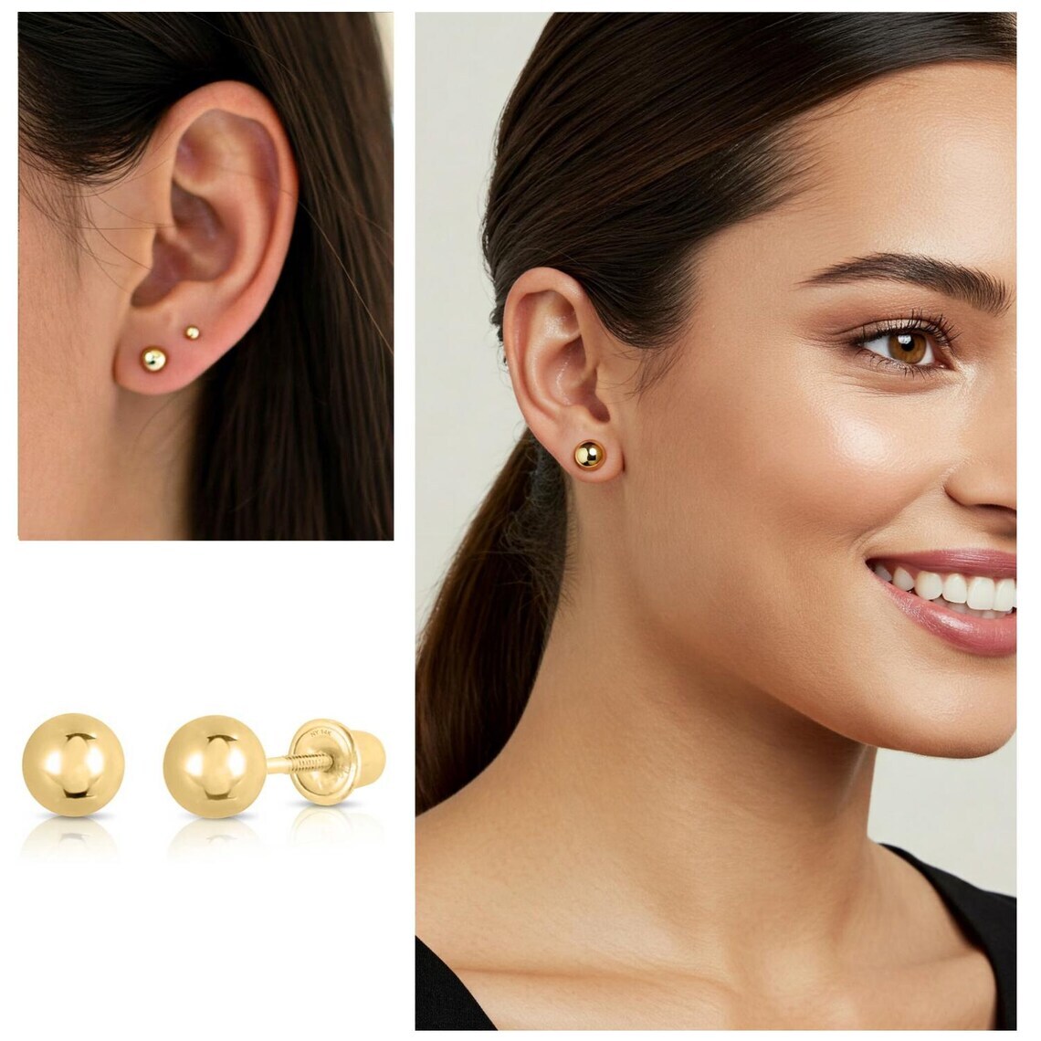 14K Real Solid Gold Round Ball Bead Sleeper Studs Earrings Screw-back 3-8mm
