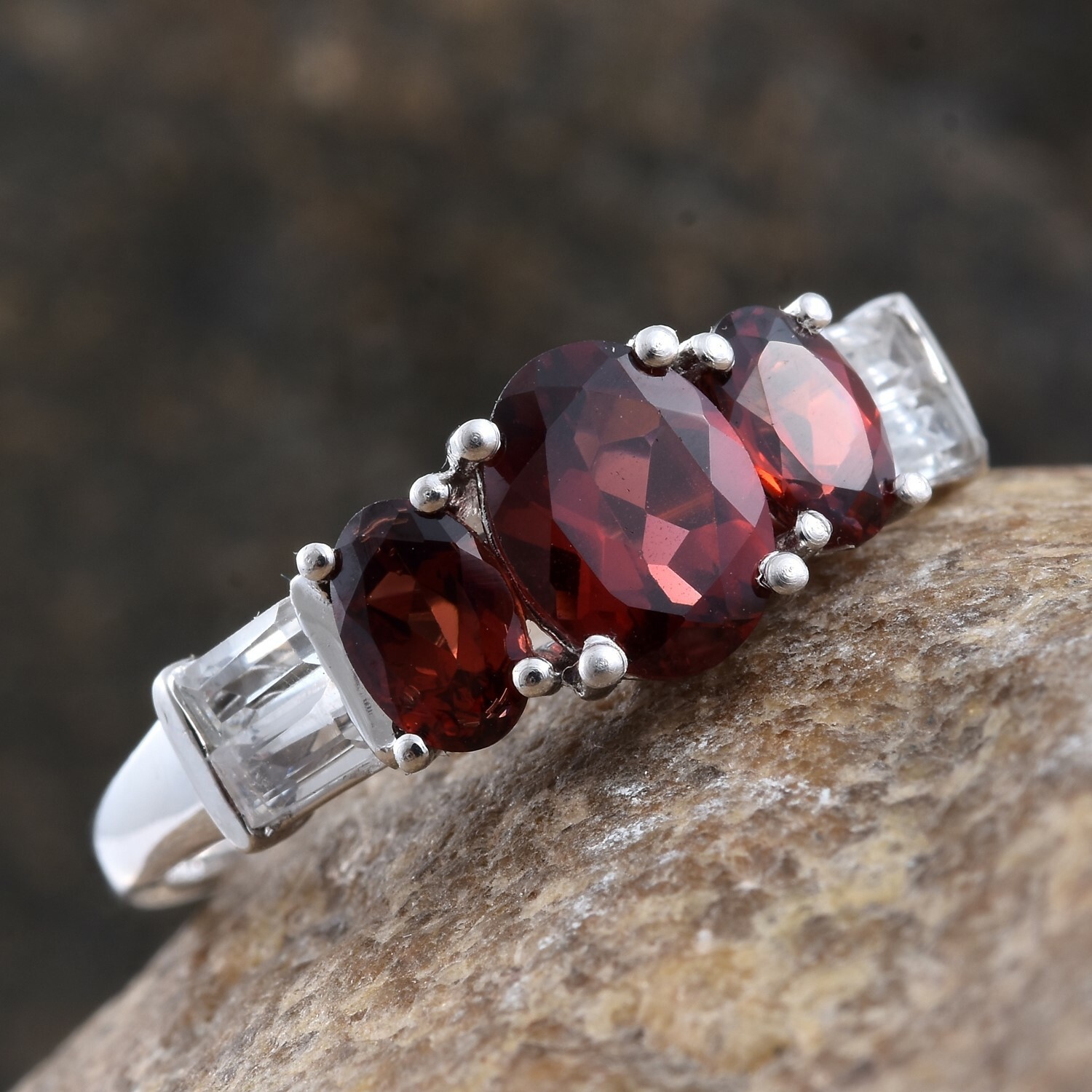 Garnet, White Topaz Platinum Over Sterling Silver Ring (Size 9.0) TGW 3.38 cts.