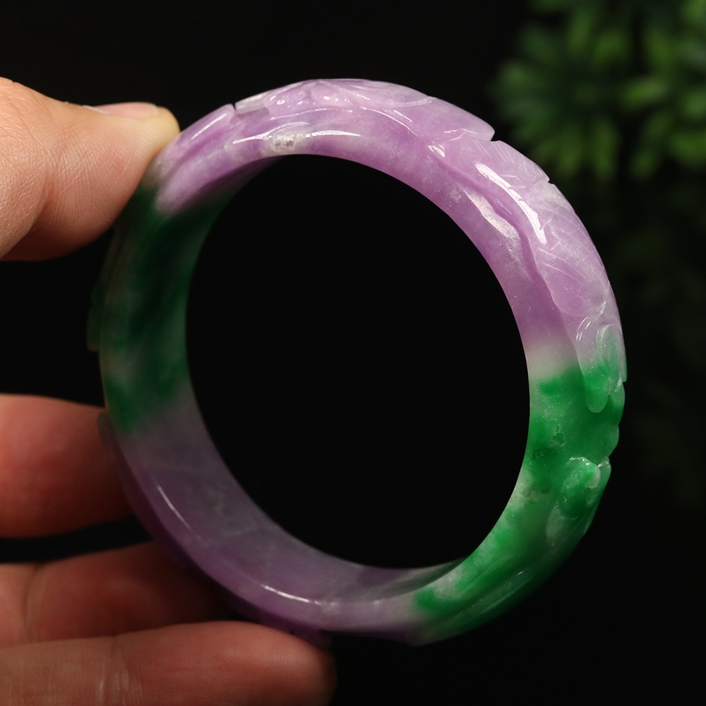 55mm Lavender Purple Green Jadeite Jade Bangle Bracelet Ruyi Fish Lotus A-14535