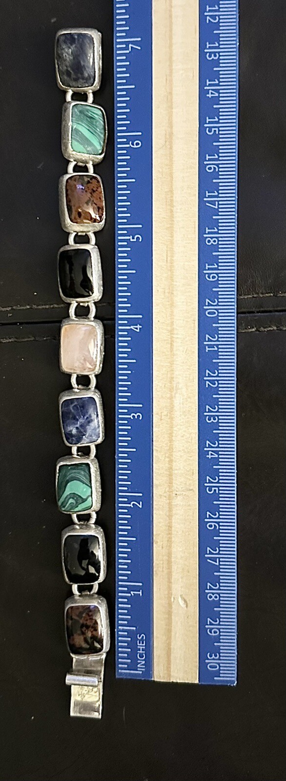 Vintage Mexico Rose Quartz Onyx Malachite Lapis + 925 Silver Bracelet 7 In