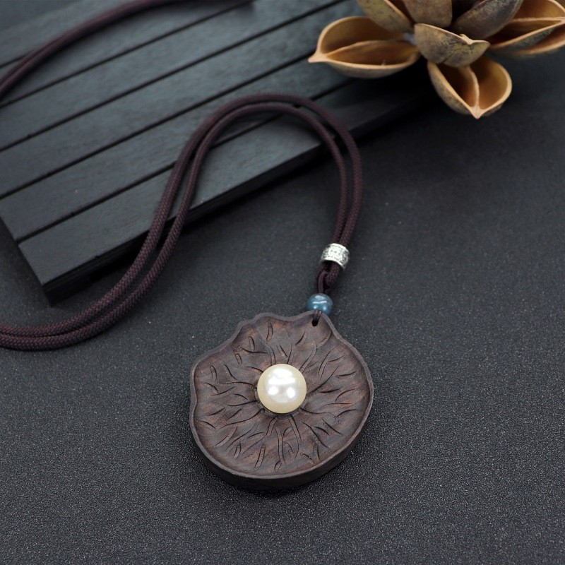 Ethnic style retro literary and artistic long ebony necklace wooden pendant