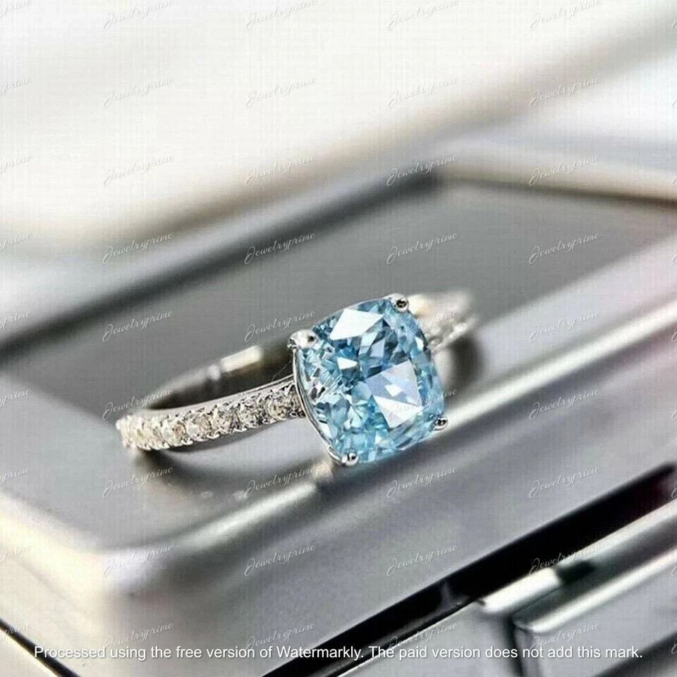 2.30CT Cushion Cut Lab Created Aquamarine Engagement Ring 14K White Gold Finish