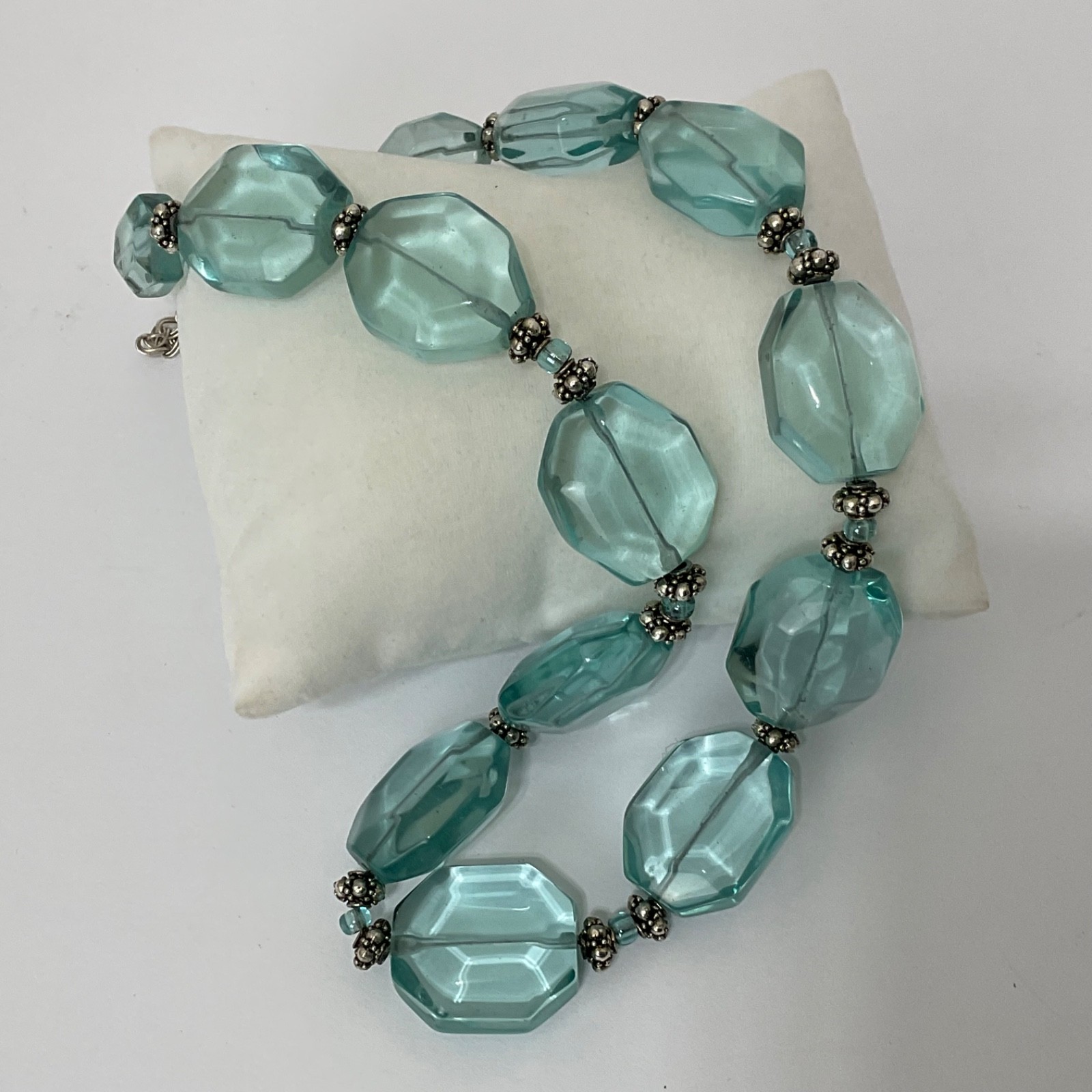 Vtg Aquamarine Glass Faceted Nuggets & Sterling Silver Beaded Necklace Adjusts