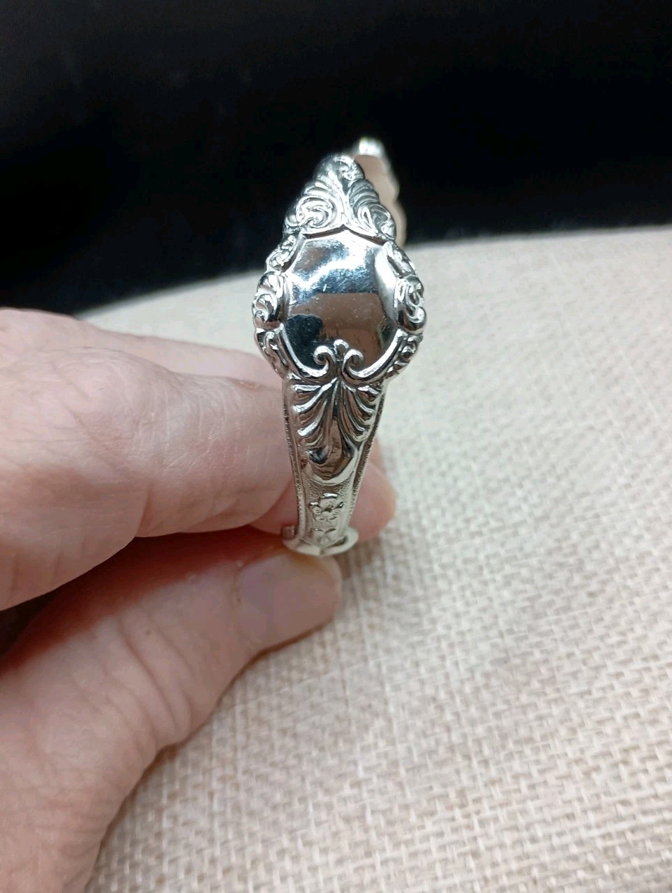 Vintage Spoon Cuff Bracelet ID Engravable Silver Tone Floral Size 5-7 Adjusts