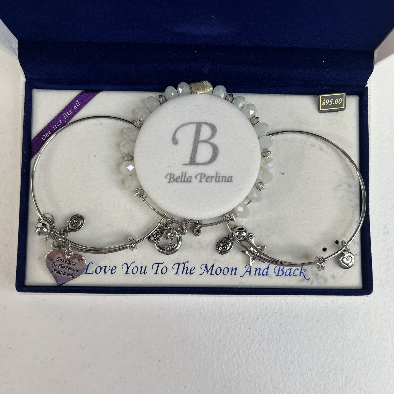 Bella Perlina Love You To The Moon And Back Charm Bracelets Set Of 3 Silver Tone