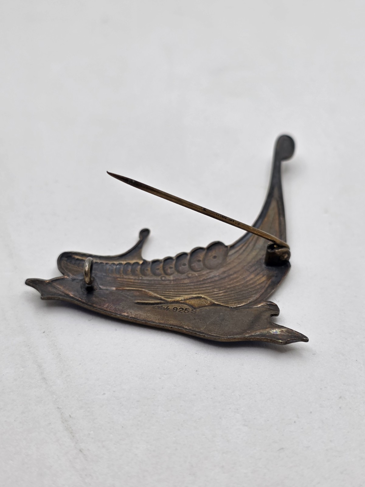 Albert Scharning Norway Sterling Guilloche Enamel Viking Ship Brooch