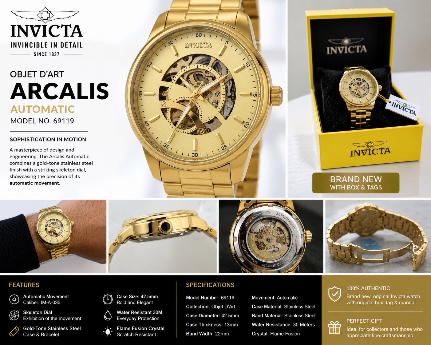 Invicta Objet D’Art Arcalis Automatic Skeleton Gold-Tone Bracelet 42.5mm