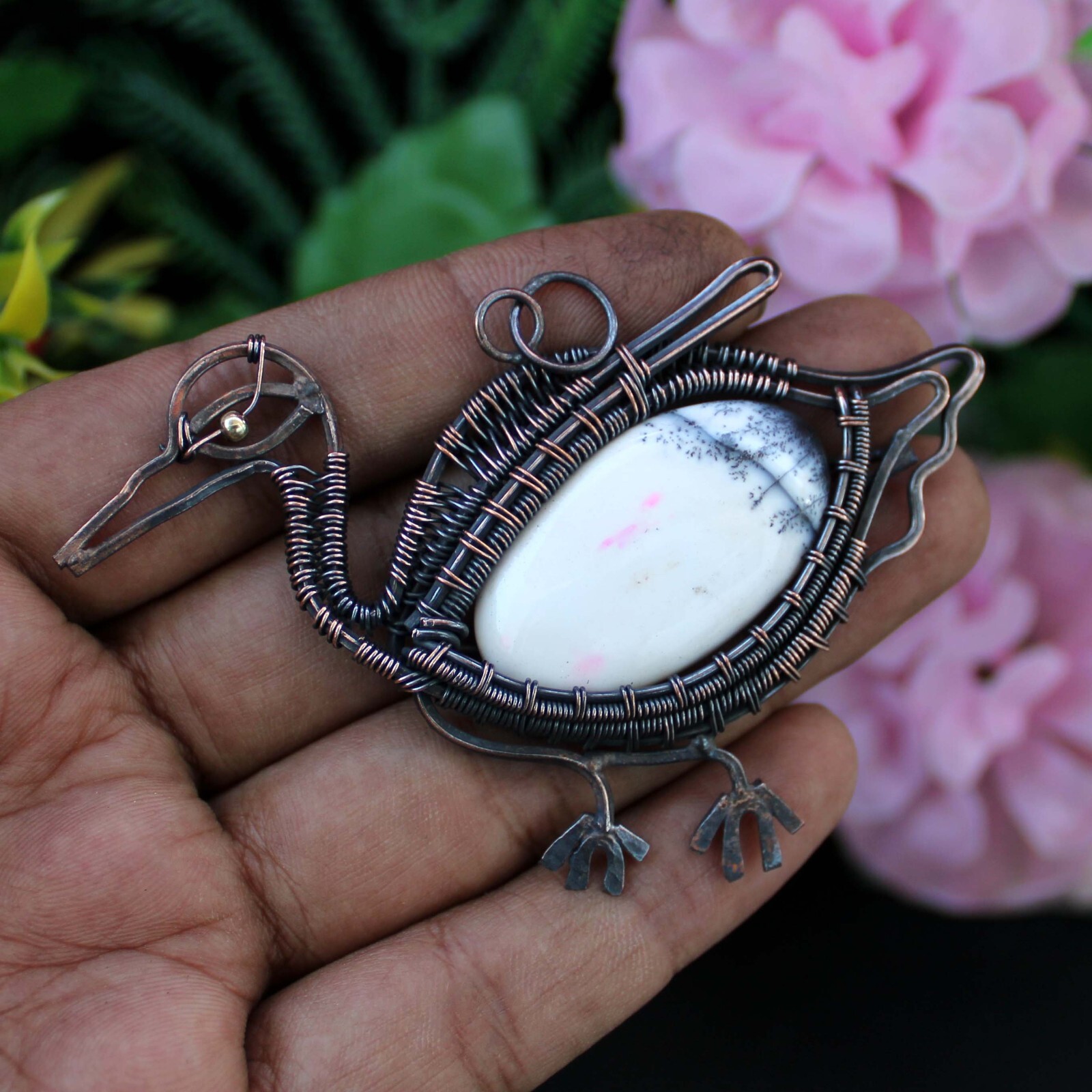 Dendrite Opal Gemstone Jewelry Mother Gift Copper Wire Wrapped Bird Pendant