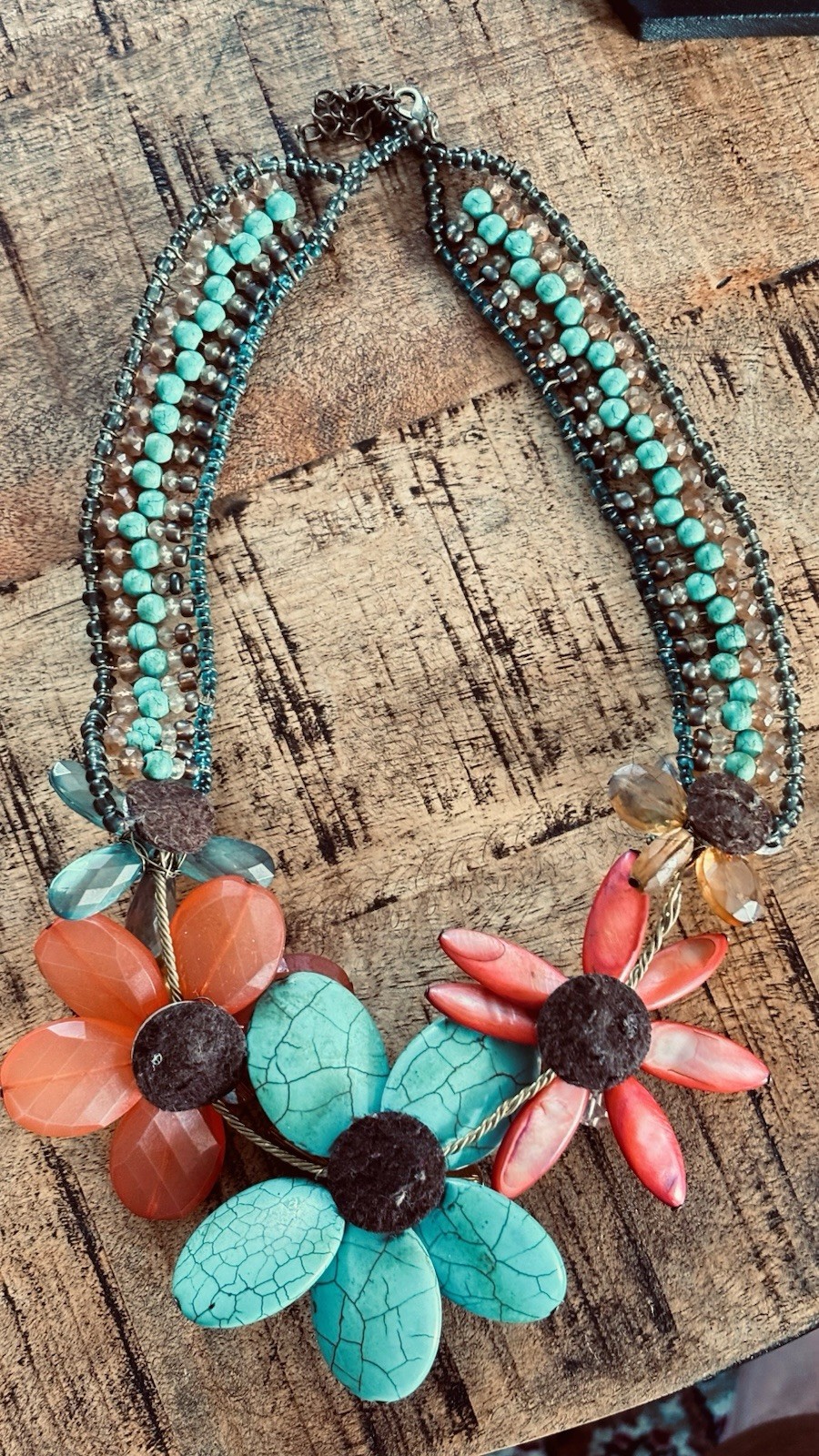 Vintage 2008 Boho Chunky MultiStrand Flower Statement Necklace Turquoise & Coral