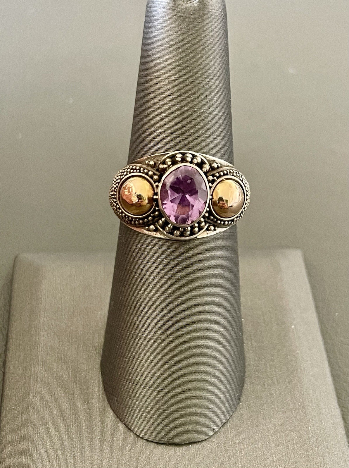 Vintage 925 Silver 18KT Yellow Gold 1.2CT Amethyst Ring (H12)