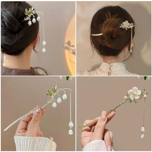2Packs Lily of the Valley Chinese Hair Sticks for Buns, Pearl Flower white