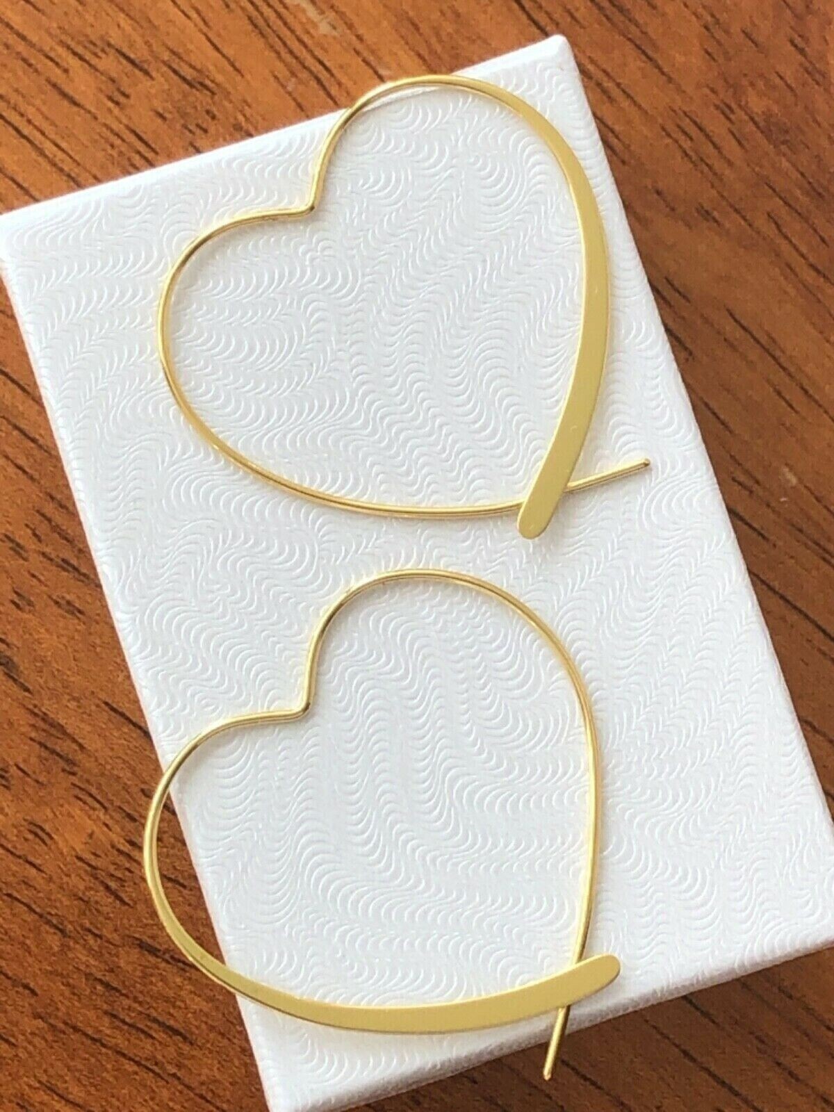 925 Sterling Silver Gold Heart Hoop Threader Earrings Women 34mm x32mm Medium