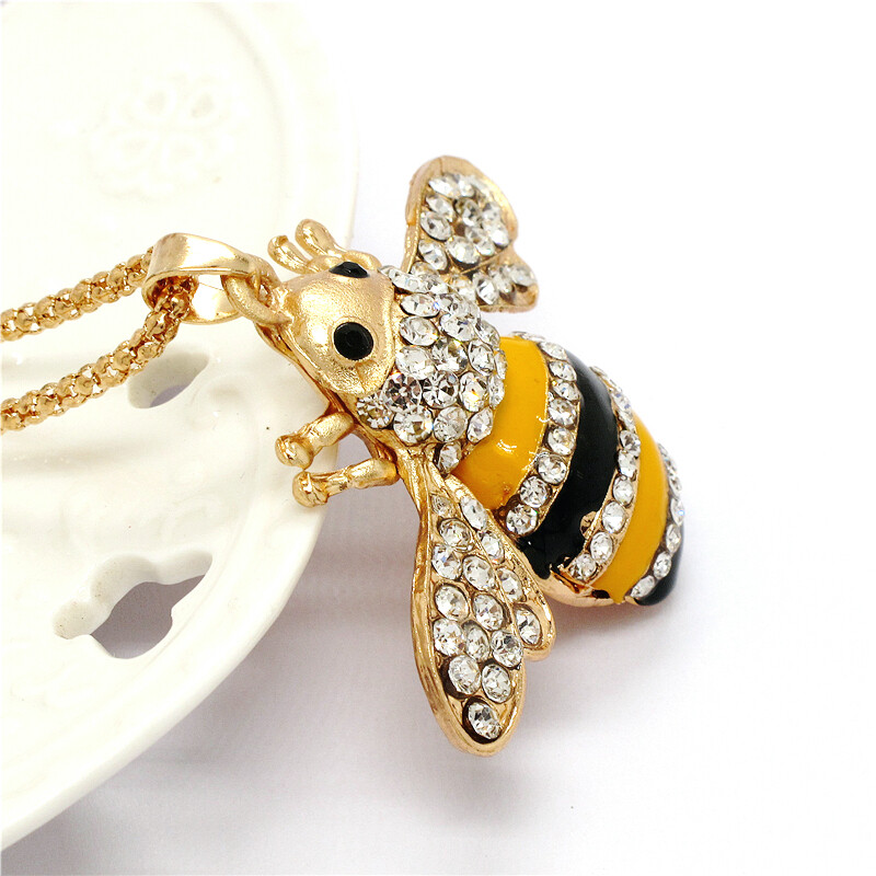 Fashion Women Yellow Enamel Cute Bee Honey Crystal Pendant Chain Necklace