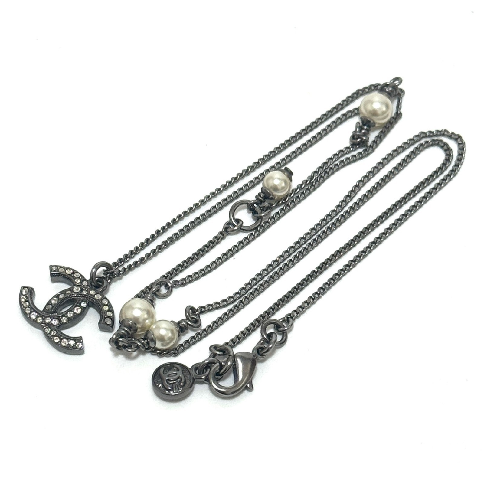 CHANEL A17S CC COCO Necklace Silver Rhinestone ImitationPearl Authentic JAPAN