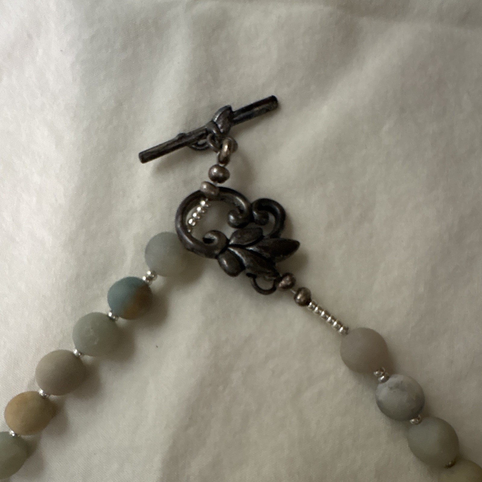 Silver/Gray Beaded Necklace Blue Teardrop Charm Pendant Bezel 18in Toggle