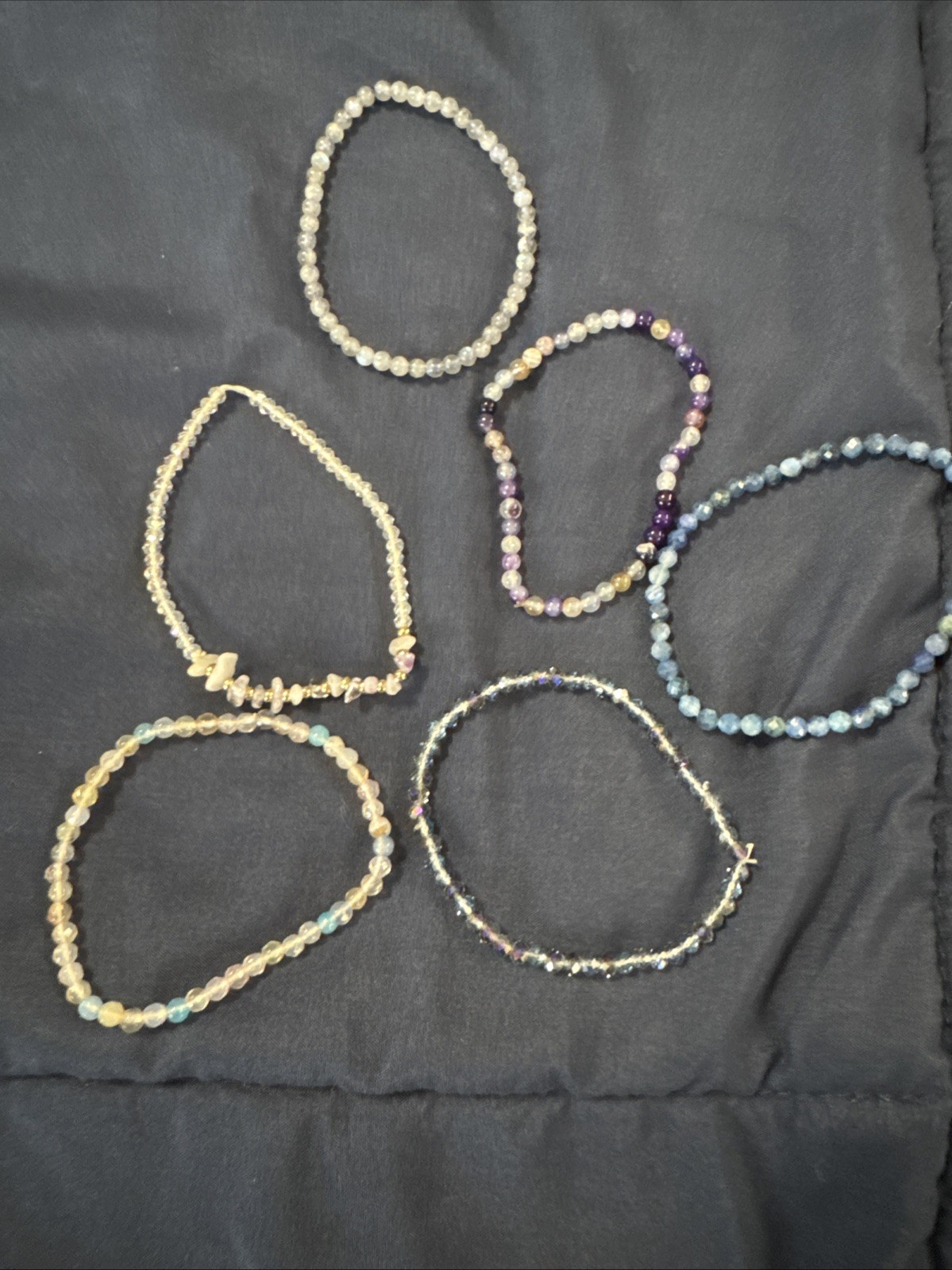 Beaded Gemstone Stretch Bracelets, Set Of 6- Purple And Blue Tone. Approx 2-3mm