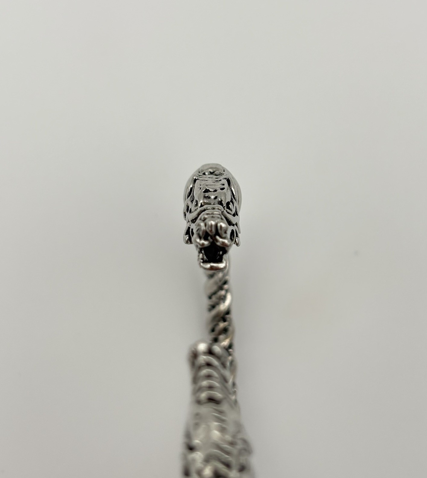 Vintage Viking Celtic Wolf Head Open Cuff Silver Tone Heavy Ornate 2.8 in Across
