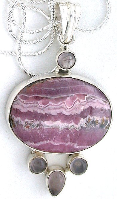 2 3/5 x 1 1/3 Inch Rhodochrosite Moonstone Sterling Pendant Necklace FREE Chain