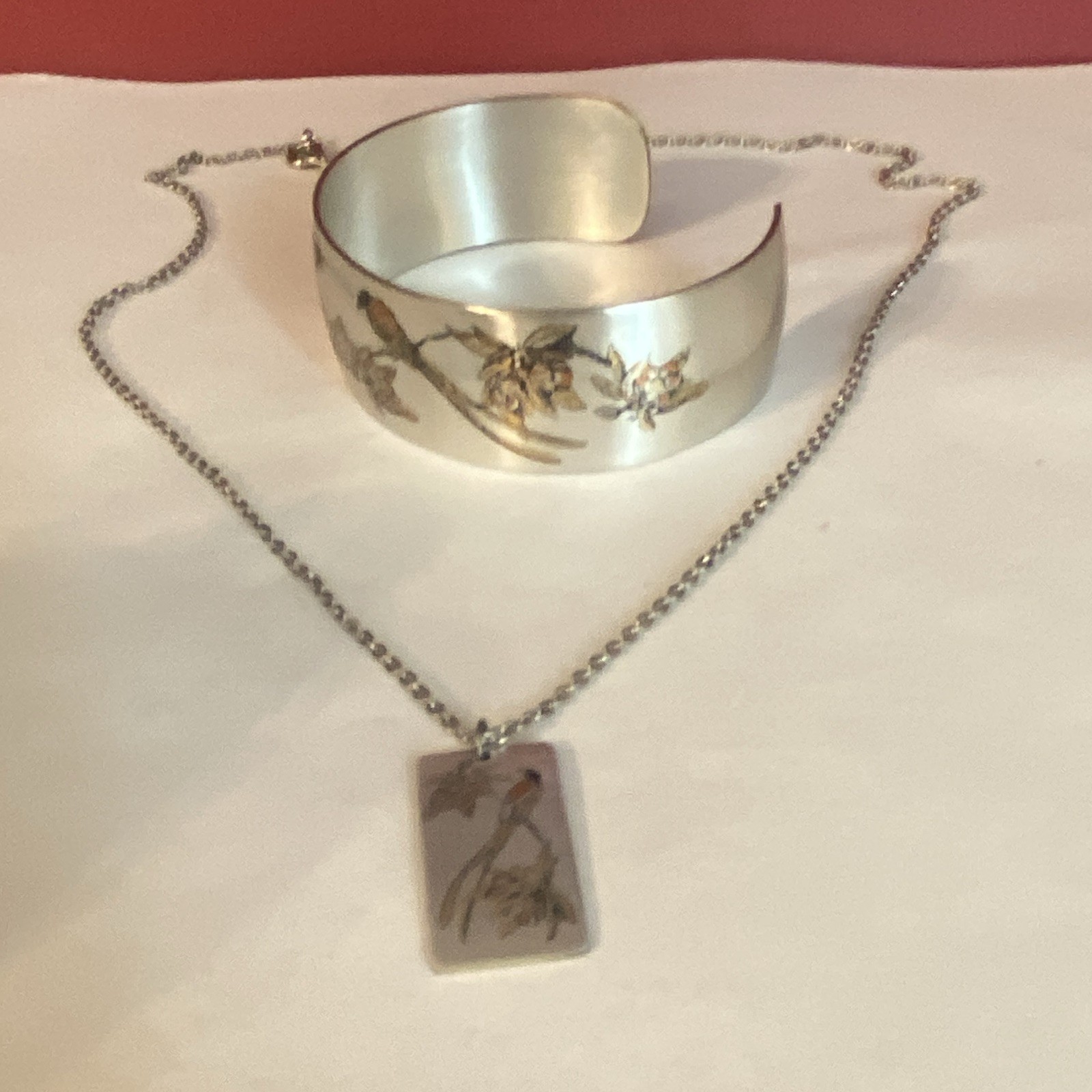 Vintage Reed & Barton Damascene Bird & Floral Cuff Bracelet & Pendant Necklace